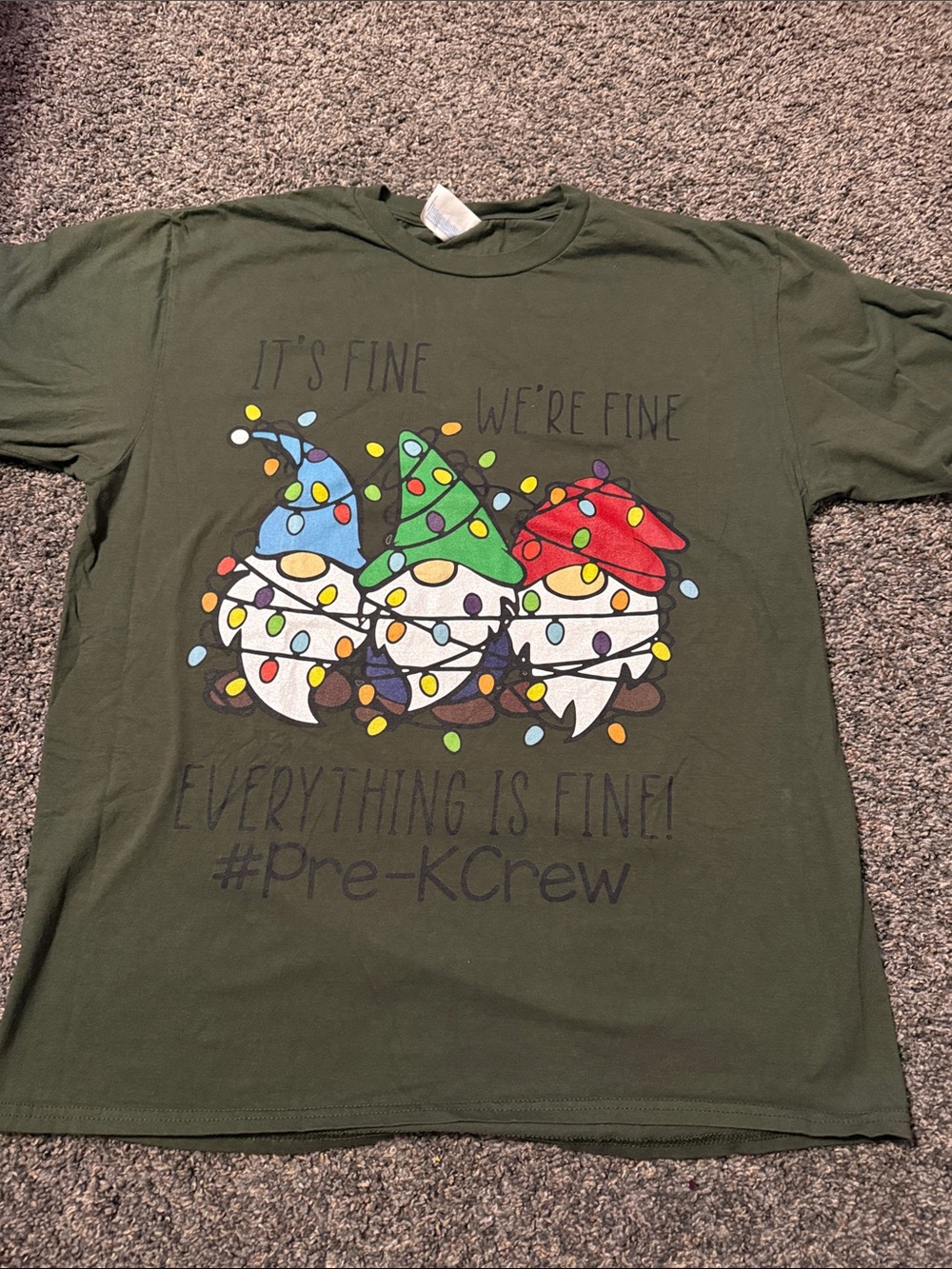Gildan Olive Green Short Sleeve Tee with Colorful Gnome Light Graphic